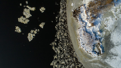 Aerial view landscape with trees, frozen water, ice and snow on the Dnieper river in Kiev. Ice comes to the river bank.