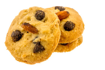 Cookies with chocolete chip and almond isolated on white background.