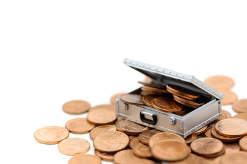 Money or coins in Chest box isolated on white background,business concept.