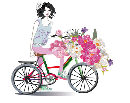 Fashion girl on the bicycle with flowers