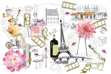 Naklejka premium Zestaw ilustracji Paryża z modnymi dziewczynami, kawiarniami i muzykami. Ilustracji wektorowych.