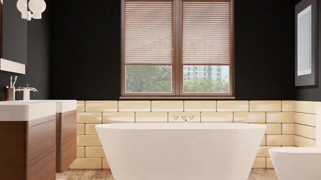 4k. Spacious bathroom in gray tones with heated floors, freestanding tub. 3D rendering.  Empty paintings