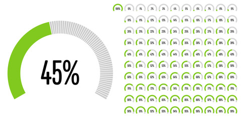 Set of circular sector percentage diagrams from 0 to 100 ready-to-use for web design, user interface (UI) or infographic - indicator with green