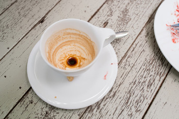 strawberry sauce and coffee on wooden table