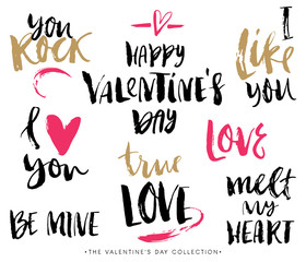 Valentines day calligraphic phrases. Hand drawn design elements. Handwritten modern lettering.