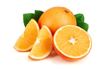 Orange with slice and leaf isolated on the white background