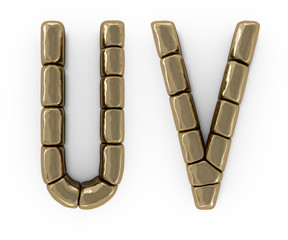 Set of letters, numbers and symbols from gold bars. 3D