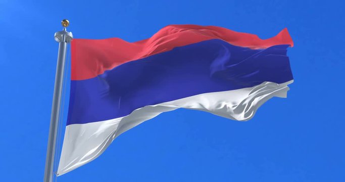 Flag of Republika Srpska waving at wind in slow with blue sky, loop