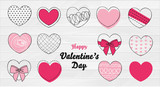 Happy Valentine's Day. Hand drawn vector modern pink hearts set, with different elements like dots and dashes. Vector Illustration.