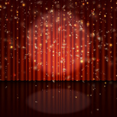 Spotlight on red curtain with glitter light. EPS 10 vector
