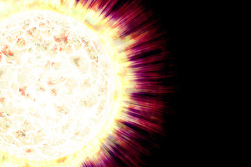 Close up view of a burning sun in space. Fiery planet. Hot planet. The Sun from space showing all they beauty. Extremely sun. Coronary Emissions and Prominences on the Sun in Space