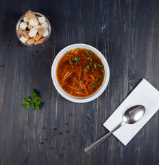 Top view of home made soup with crackers