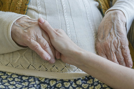 female hand holding a wrinkled hand of a senior woman