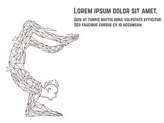 Vector illustration of woman practicing yoga asana made from polygon and dots technic. Vrischikasana or scorpio pose. Concept of hard everyday practice