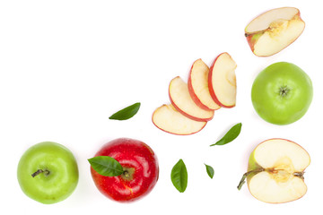 red and green apples with slices and leaves isolated on white background with copy space for your text, top view