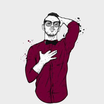 A handsome guy in a shirt, glasses and a tie. Vector illustration. Fashion, style, clothing and accessories. Stylish man.