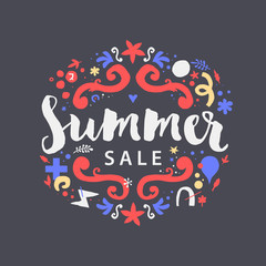 Vector summer sale template with funky hand drawn elements. Useful for party, birthday, invitations and weddings.