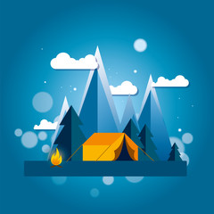Day and night in a camping in the mountains or forest with a tent and a fire. Vertical internet banners or design for a postcard, flyer or poster. Vector illustration.
