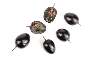 Dark grapes isolated on white background, top view. Flat lay