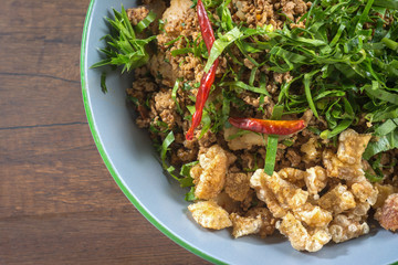 Close up Spicy minced pork salad North Thailand Recipes.