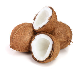 whole coconut and half isolated on white background