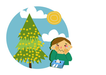 スギ花粉と花粉症の人物のイラスト。