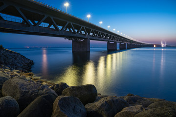 Oeresund bridge between Sweden and Denmark in the evening