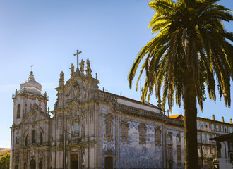 Carmelitas Church and Palm tree at Sunset, at Porto, Portugal.