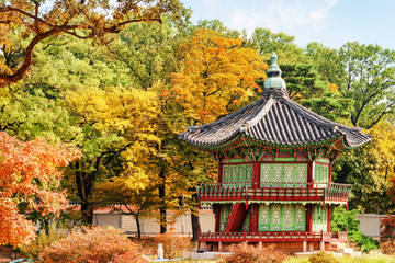 Beautiful view of Hyangwonjeong Pavilion at autumn garden, Seoul