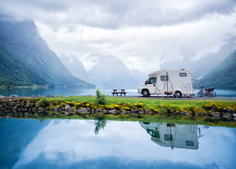 Family vacation travel RV, holiday trip in motorhome