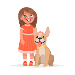 A cute little girl and a dog on a white background. Vector illustration of a cartoon style