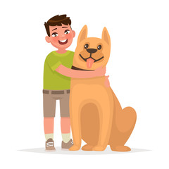 Cute boy hugging a dog on a white background. Friendship. Vector illustration in cartoon style
