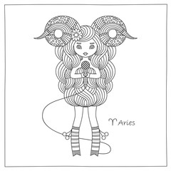Zodiac sign Aries. Vector hand drawing illustration. Coloring book page for adults, kids. May be used as a print for your T-shirt design.