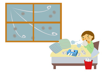 風邪、インフルエンザで療養中のイラスト。