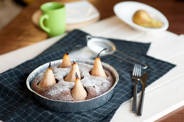 Homemade chocolate cake with pears