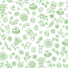 Easter seamless pattern with hand drawn green line doodles in white background. Vector illustration.