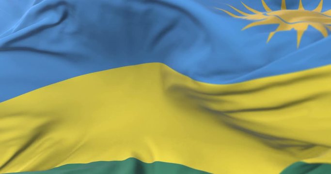 Rwanda flag waving at wind in slow with blue sky, loop