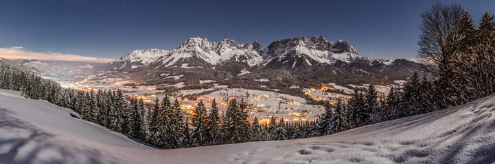 Panorama einer herrlichen Winterlandschaft im Mondlicht