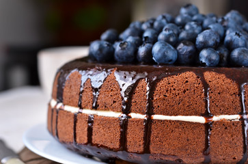 Homemade chocolate cake with cream and blueberries on a white background. Happy Birthday.