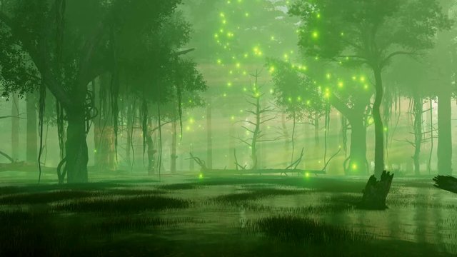 Mysterious forest swamp with magical firefly lights soaring in the air at dark misty night. Fantasy 3D animation rendered in 4K