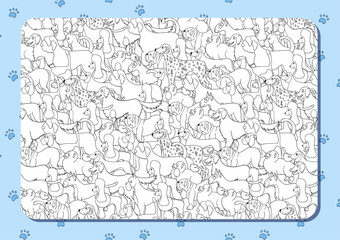 Coloring book with cute cartoon dogs. Different breeds. Background with paws. Horizontal album orientation.