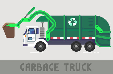 Green Garbage Truck in Flat Style