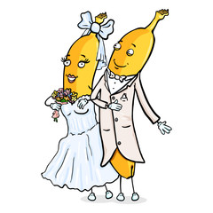 Vector Cartoon Character - Banana Just Married Couple. Wedding Ceremony. Groom and Bride.