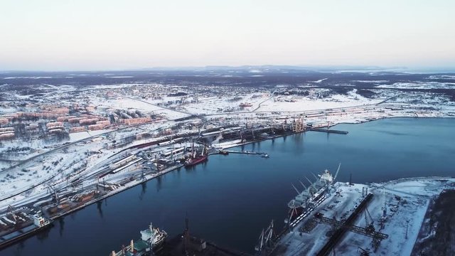 Vanino of the Khabarovsk Krai . the port of Vanino . filmed from above by drone