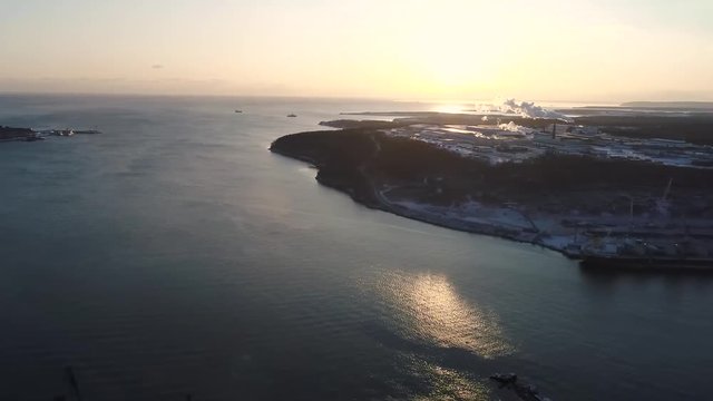 Vanino of the Khabarovsk Krai . the port of Vanino . filmed from above by drone