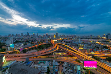 Bangkok business district  Expressway and Highway top view, Thailand at sunset