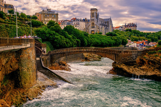 Biarritz town on sunset, France