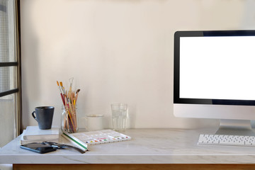 Designer workplace mockup with desktop computer.