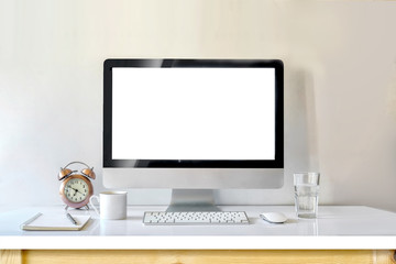 Desktop mockup, Workspace modern desktop computer with book, pen and clock on table.