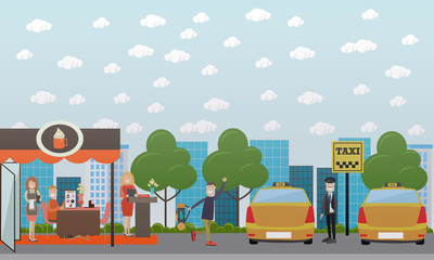 City street with cafe and taxi stand vector flat illustration